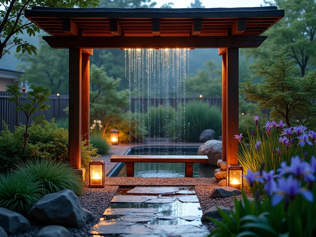 Tranquil Rain Garden Prayer Sanctuary - A serene Japanese-inspired prayer garden at dusk, featuring a wooden pergola-covered meditation space with copper rain chains dripping into a small reflective koi pond surrounded by lush moisture-loving plants. The natural stone path leads to an intimate wooden bench beneath the pergola, while Japanese forest grass, hostas, and purple-flowering iris sway gently in the misty atmosphere. Soft lantern lighting creates a magical ambiance as water droplets cascade down the rain chains, photographed with shallow depth of field to capture the ethereal quality of water droplets. The scene is captured from a wide angle showing the harmonious integration of water features, plants, and meditation space in a backyard setting, with the pergola providing shelter for all-weather contemplation.