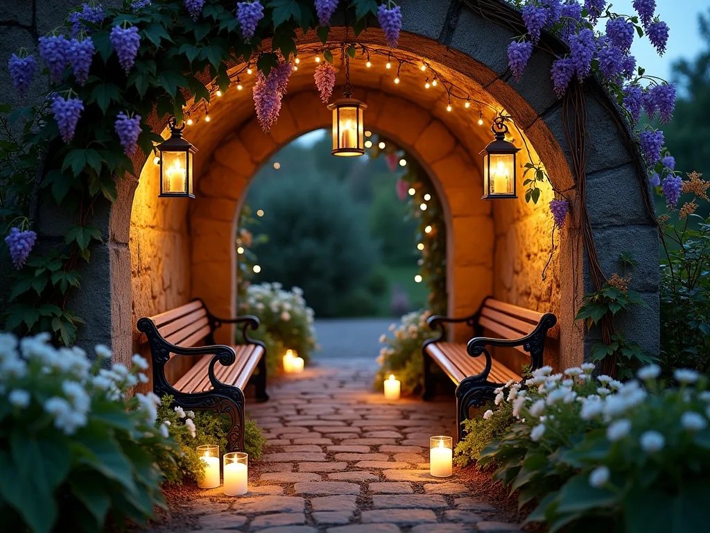 Twilight Prayer Garden Alcove - A serene garden alcove at dusk, photographed with a wide-angle 16-35mm lens, f/2.8, ISO 400. Weathered stone walls draped in moonflowers and wisteria create an intimate curved sanctuary. Wrought iron lanterns and glass hurricane candle holders cast a warm, golden glow across weathered wooden benches. White evening primrose blooms open beneath the fading light, while copper path lights illuminate a cobblestone pathway. Delicate fairy lights weave through the climbing vines, creating a mystical atmosphere perfect for evening meditation. The alcove opens to a star-filled sky, with soft-focus bokeh effects highlighting the candlelight.