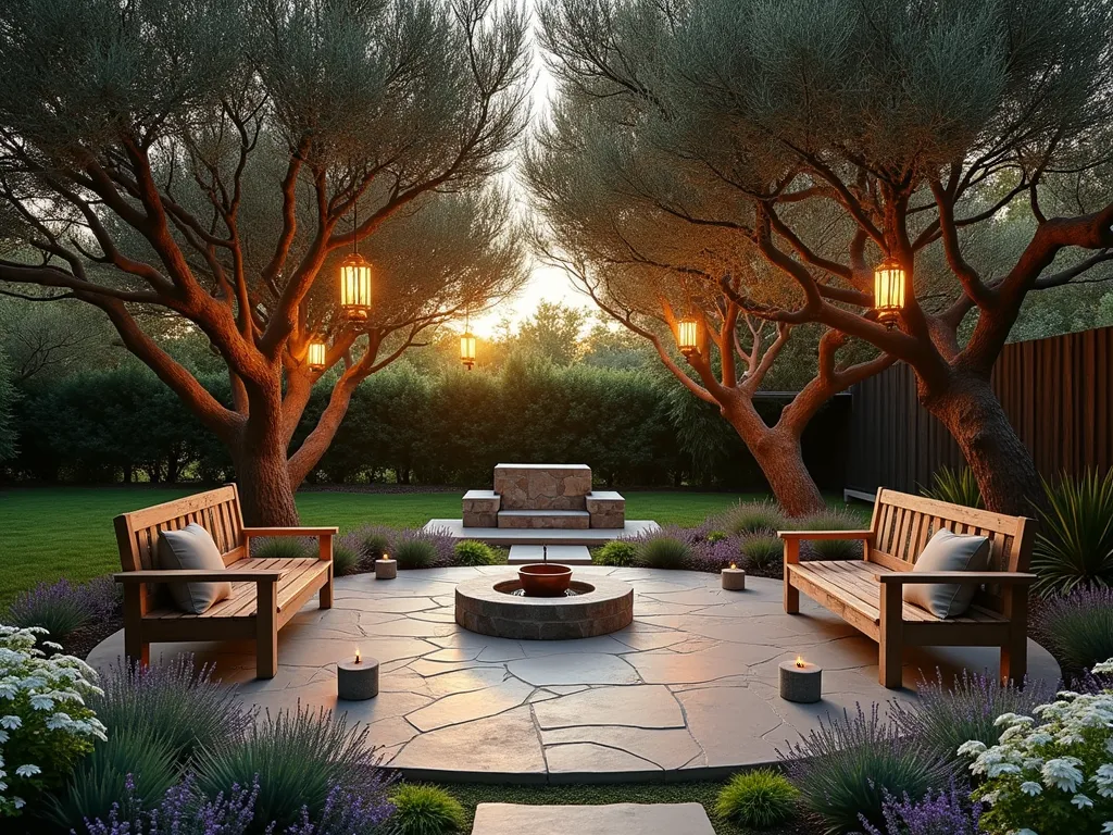 Twilight Sacred Grove Prayer Garden - A serene prayer garden at dusk featuring a intimate grove of mature olive and fig trees creating a natural cathedral-like canopy, photographed with a wide-angle lens. Golden evening light filters through the branches, casting ethereal patterns on a circular stone patio below. Two weathered teak meditation benches are nestled beneath the trees, accompanied by a small copper water feature. Warm LED lanterns hang from lower branches, providing gentle illumination. The ground is carpeted with white clover and scattered with meditation cushions in muted earth tones. Stone pathways wind between the trees, lined with lavender and white sage. A natural stone altar sits at the focal point, with soft moss growing between the stones. Captured with cinematic depth of field showing the intimate spiritual atmosphere of this backyard sanctuary.