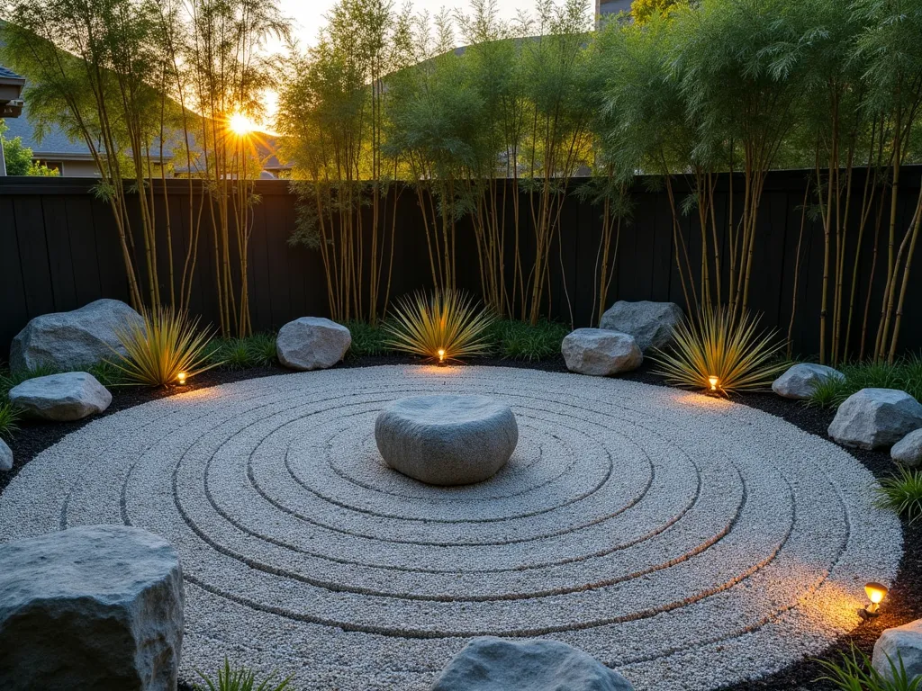 Zen Prayer Circle Garden at Dusk - A serene circular prayer garden photographed at dusk with golden hour lighting casting long shadows. A meticulously raked gravel base forms concentric circles around a central meditation stone. Large, weathered granite boulders are thoughtfully positioned along the circle's edge, creating natural seating areas. Tall, graceful bamboo stalks gently sway in the background, creating a living privacy screen. Japanese Forest Grass (Hakonechloa) cascades softly between the rocks, its golden-green blades catching the evening light. Small LED ground lights illuminate the path and highlight the texture of the rocks. The garden features a minimalist rock arrangement with carefully positioned smaller stones creating symbolic patterns in the gravel. Shot from a slightly elevated angle to capture the complete circular design and its harmonious integration into the larger backyard space. Professional DSLR photograph with perfect depth of field showing both intricate gravel patterns and the broader garden context.