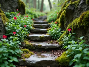 Ancient Stone Steps - Weathered stone steps winding through moss-covered rocks, with ferns and bleeding hearts creating a natural sanctuary, close-up perspective