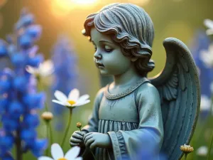 Angel Statue Garden - Close-up of a weathered angel statue among blue delphiniums and white cosmos flowers, early morning light creating a ethereal glow