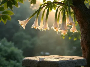 Angel's Trumpet Haven - Evening view of white angel's trumpet flowers hanging over a stone prayer altar, with soft landscape lighting