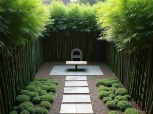 Bamboo Privacy Screen - Aerial view of a zen-inspired prayer garden enclosed by tall bamboo plants, creating a natural privacy screen, with a simple stone path leading to a meditation bench, peaceful atmosphere