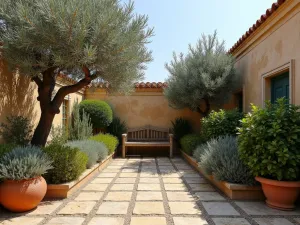 Biblical Garden Corner - Wide angle view of a garden corner featuring olive trees, fig trees, and hyssop plants, with a rustic wooden prayer bench and terracotta pots