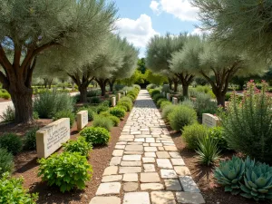 Biblical Garden Path - Wide-angle view of a garden path featuring plants mentioned in the Bible, including olive trees, fig trees, and hyssop, with stone tablets featuring scripture verses integrated into the landscape.