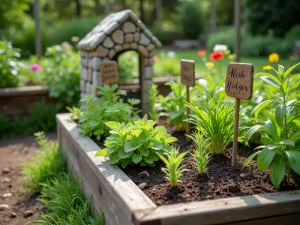 Biblical Herb Garden - Close-up view of a raised bed herb garden featuring plants mentioned in the Bible, with rustic plant markers and a small stone altar, natural lighting