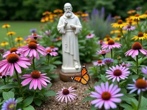 Butterfly Prayer Garden - Close-up of a prayer garden section specifically designed to attract butterflies, featuring butterfly bush, lantana, and purple coneflowers around a small statue of St. Francis of Assisi.