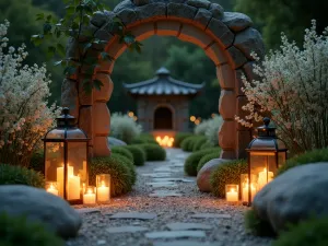 Candlelit Garden Nook - Intimate evening shot of a prayer garden nook with lanterns and candles, featuring white flowering plants and silver foliage, creating a sacred atmosphere