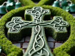 Celtic Cross Garden - Close-up of a Celtic cross focal point surrounded by Irish bells, shamrocks, and traditional Celtic knot topiary designs in boxwood, with cobblestone pathways.