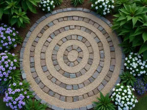 Celtic Spiral Walk - Aerial view of a spiral path made with crushed stone, bordered by purple and white flowering plants, celtic garden design