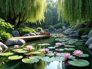 Contemplative Water Garden - Serene view of a small prayer pond with water lilies and lotus flowers, surrounded by weeping willows and featuring a small wooden bridge leading to a meditation platform over the water.