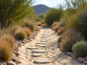 Desert Meditation Trail - Close-up of a sandy pathway with embedded natural stones, lined with drought-tolerant plants and ornamental grasses, southwestern style