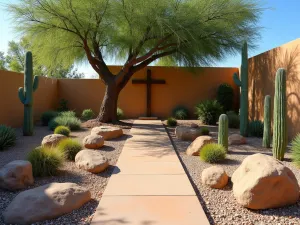 Desert Prayer Sanctuary - Wide-angle view of a southwestern-style prayer garden featuring large rocks, succulents, and cacti, with a simple wooden cross and meditation area protected by the natural shade of a mesquite tree.