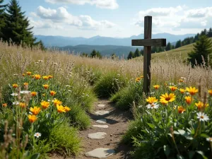 Divine Wildflower Meadow - Wide angle view of a natural prayer space surrounded by native wildflowers and ornamental grasses, with a simple wooden cross