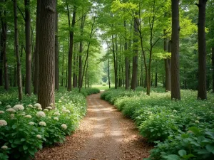 Forest Prayer Path - Wide-angle view of a natural mulch path winding through tall trees, with shade-loving perennials and ground covers creating a peaceful woodland setting