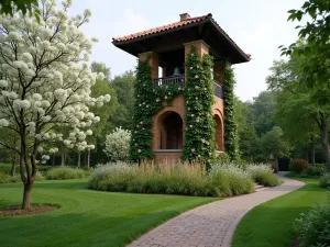 Sacred Bell Tower - Wide-angle view of a rustic bell tower structure with climbing roses, surrounded by ornamental grasses and white flowering dogwood trees in bloom