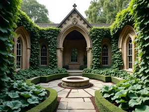 Gothic Prayer Garden Wall - Wide angle view of an ornate Gothic-style garden wall with built-in stone seating, covered in Boston ivy, creating a sacred and private atmosphere