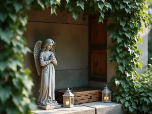 Intimate Prayer Nook - Close-up view of a secluded prayer corner featuring an ornate stone angel statue among climbing jasmine vines, with a rustic wooden kneeler and soft-glowing lanterns.