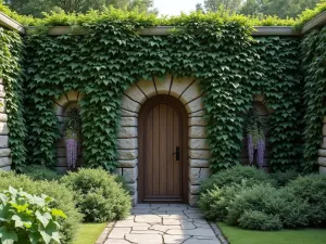 Ivy-Covered Prayer Garden Wall - A serene, high stone wall covered in climbing ivy, creating a private prayer garden enclosure, with a small wooden gate and hanging wisteria, photorealistic style