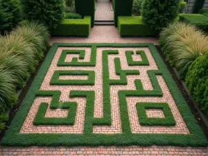 Labyrinth Path - Aerial view of a classic labyrinth pattern created with brick paths and low-growing thyme, surrounded by tall ornamental grasses