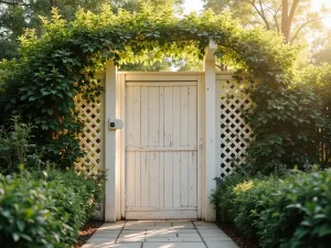 Lattice Prayer Screen - Wide view of a white wooden lattice screen creating privacy in a prayer garden, covered with jasmine vines, golden evening light streaming through