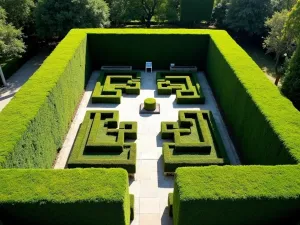 Living Privacy Hedge - Perfectly maintained tall boxwood hedge creating a natural enclosure around a prayer garden, viewed from above, showing geometric patterns and a central seating area