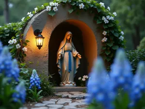 Mary Grotto Sanctuary - A close-up view of a small grotto with a Mary statue, illuminated by soft lantern light, with climbing white jasmine and blue delphiniums framing the scene