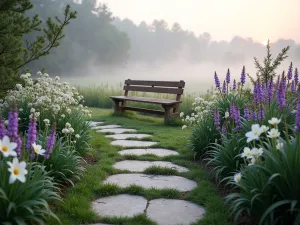 Meditation Bench Path - Wide-angle shot of a curved stepping stone path leading to a wooden meditation bench, bordered by purple salvias and white easter lilies, early morning mist in the background