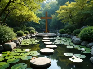 Meditation Pond Vista - Wide view of a small meditation pond with stepping stones, surrounded by Japanese maples and white water lilies, with a simple wooden cross as a focal point