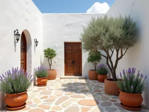 Mediterranean Prayer Courtyard - Wide-angle view of a small enclosed courtyard with white stucco walls, terracotta pots filled with lavender and olive trees, creating a private Mediterranean-style prayer space