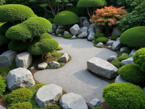 Mindful Rock Garden - Aerial view of a Japanese-inspired rock garden with carefully placed stones, surrounded by cloud-pruned boxwood and Japanese maple