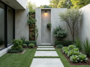 Prayer Garden Privacy Wall - Modern concrete privacy wall with integrated planters filled with cascading succulents and air plants, creating a contemporary enclosed prayer space