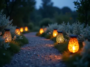 Moonlight Meditation Walk - Wide-angle evening shot of an illuminated gravel path with solar lanterns, bordered by white flowering plants and silver foliage, mystical atmosphere