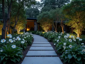 Moonlight Prayer Garden - Evening scene of a prayer garden designed for nighttime reflection, featuring white-flowering moonflowers and night-blooming jasmine, with subtle landscape lighting and silver-leaved plants.