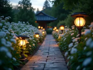 Moonlight Prayer Path - Wide-angle evening shot of a illuminated prayer garden path with solar lanterns, white moon flowers blooming, and silver-leaved plants creating a ethereal atmosphere