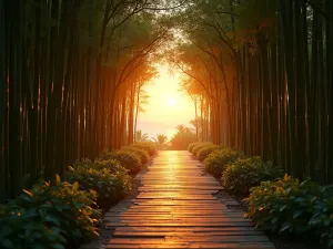 Morning Light Path - Sunrise view of a wooden boardwalk through tall bamboo and morning glory vines, creating natural archways, atmospheric lighting