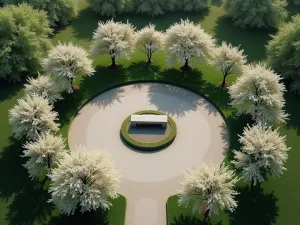 Natural Prayer Bower - Aerial view of a circular prayer garden enclosed by weeping cherry trees creating a natural canopy, with a simple stone bench at its center