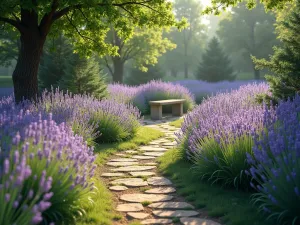 Peaceful Lavender Path - A winding garden path lined with blooming lavender, leading to a small stone meditation bench, soft morning light filtering through, photorealistic style