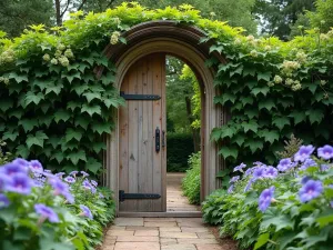 Sacred Garden Gate - Arched wooden garden gate with gothic details, covered in morning glory vines, leading into a prayer garden, shot from ground level looking up