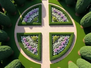 Prayer Garden Sanctuary - Aerial view of a circular prayer garden design with a central cross-shaped pathway, quadrants filled with white and purple flowering plants, surrounded by cypress trees, professional landscape photography