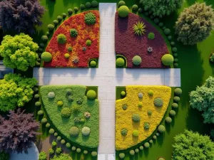 Prayer Garden Seasons - Aerial view showing four distinct sections of a prayer garden representing different seasons, with appropriate plants and colors in each quadrant, professional landscape photography