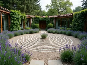 Prayer Labyrinth Garden - Wide-angle view of a small prayer labyrinth made with gravel paths and bordered by lavender and thyme, creating a meditative walking space, architectural photography