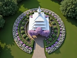 Peaceful Prayer Pavilion - Aerial view of a small white wooden prayer pavilion with climbing wisteria, surrounded by a circular pattern of white and purple echinacea flowers