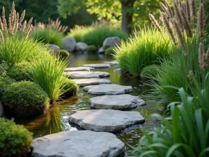 Riverside Prayer Path - Natural stone pathway alongside a small stream with water-loving plants and ornamental grasses, peaceful water garden setting