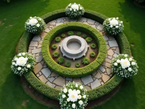 Rosary Garden Path - Aerial view of a circular garden path designed like a rosary, with white roses at prayer bead points, centered around a small stone altar