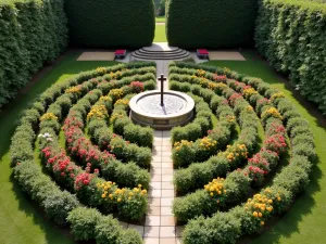 Rose Garden Prayer Labyrinth - Aerial view of a classical labyrinth design created with low rose bushes in various colors, leading to a central prayer space with a decorative sundial and stone benches.