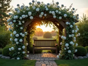 Rose Meditation Arbor - White climbing roses covering a wooden arbor with a built-in bench, creating a natural prayer sanctuary, soft sunset lighting