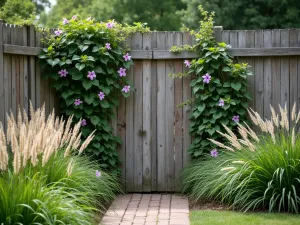 Rustic Prayer Garden Corner - Close-up of a private corner in a prayer garden, featuring weathered wooden fencing intertwined with clematis vines, complemented by ornamental grasses