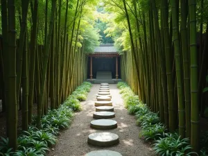 Sacred Bamboo Path - Aerial view of a bamboo-lined meditation path with stepping stones leading to a small prayer pavilion